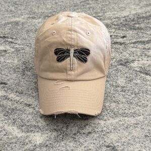 New Custom Designed Ivory Distressed Baseball Cap with Black & Silver Dragonfly